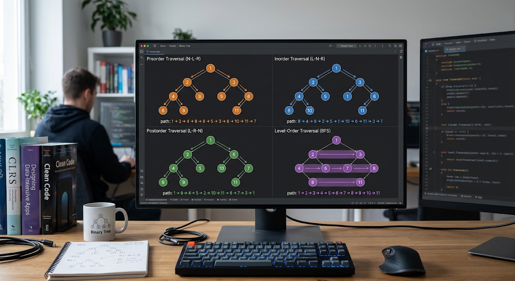 Trees in Data Structures and Computer Science: Types and Applications 4 Binary tree traversal showing preorder inorder postorder and level order methods