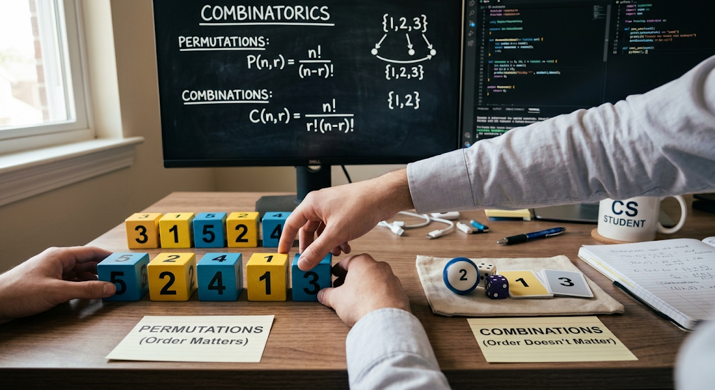 Permutations and combinations showing arrangements and selections of objects