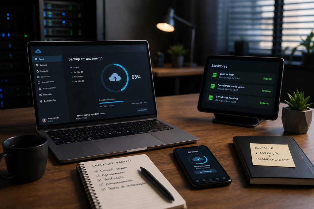 Laptop screen showing database maintenance tasks including backup, monitoring, and optimization.