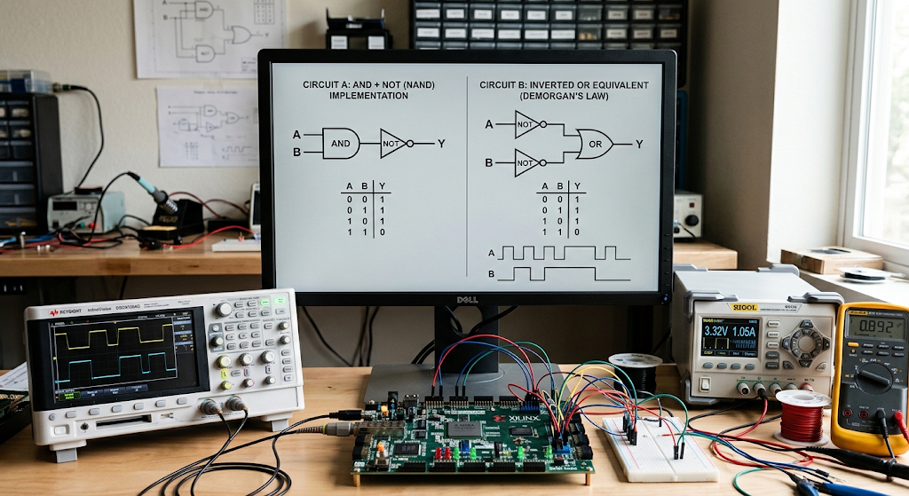 Boolean Algebra and Discrete Structures: Logic Gates, Circuits and Computing 3 De Morgan's laws illustrated with equivalent AND OR and NOT logic circuits