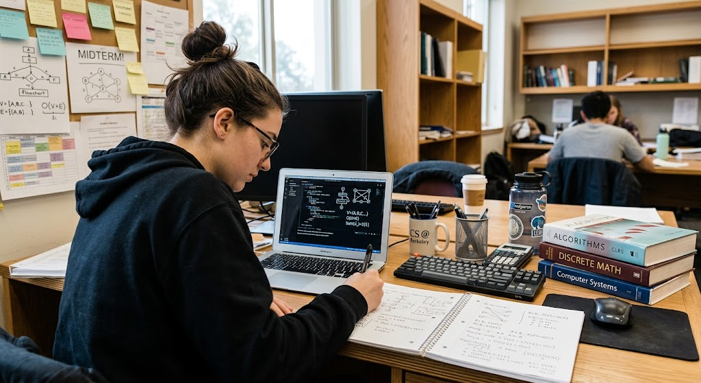Student studying discrete mathematics and algorithms on a computer