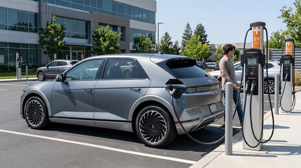 Hyundai Ioniq 5 charging at an electric vehicle charging station