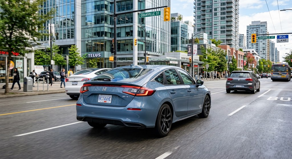 2026 Honda Civic Hybrid driving through a city