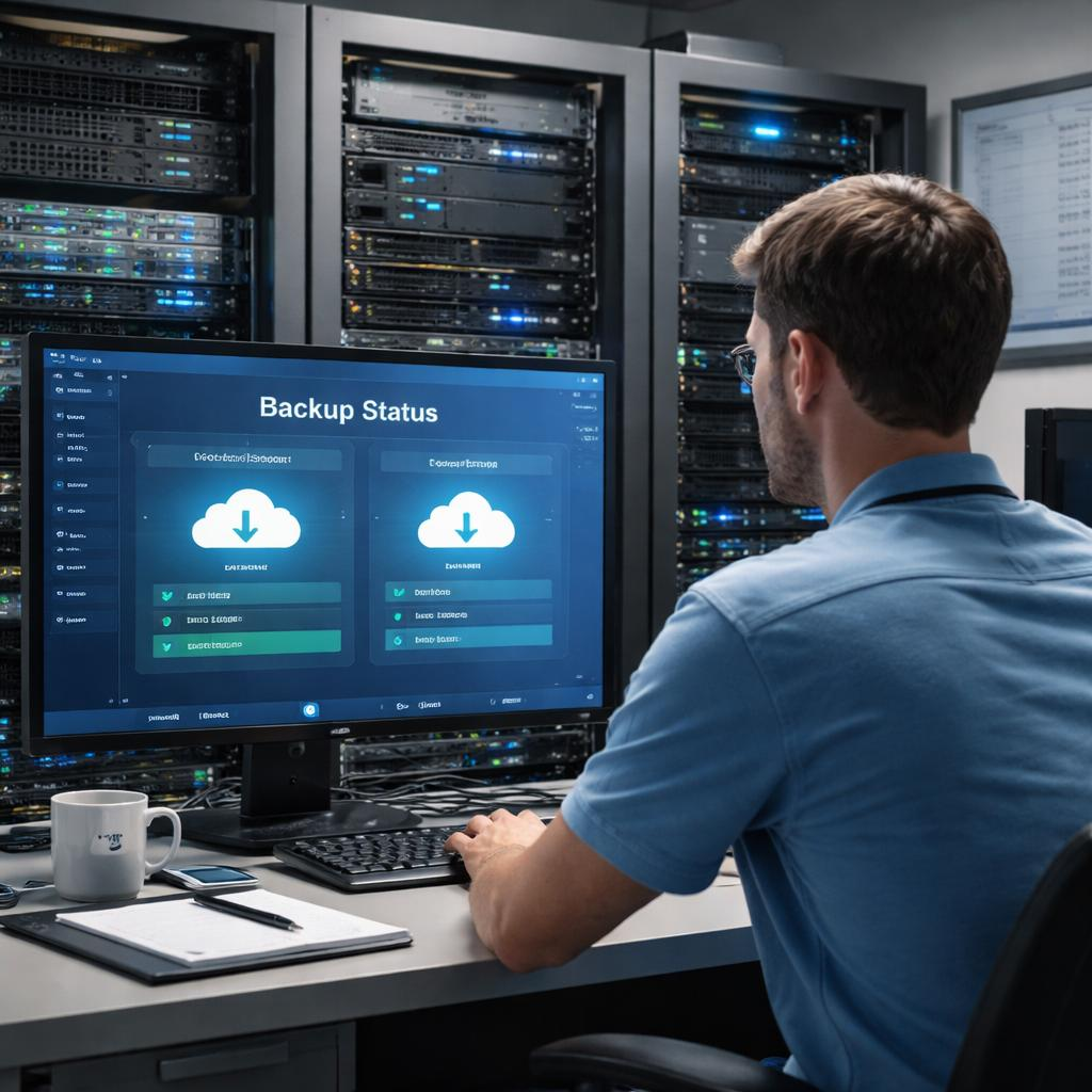 Database administrator monitoring database backup and recovery operations in a data center.