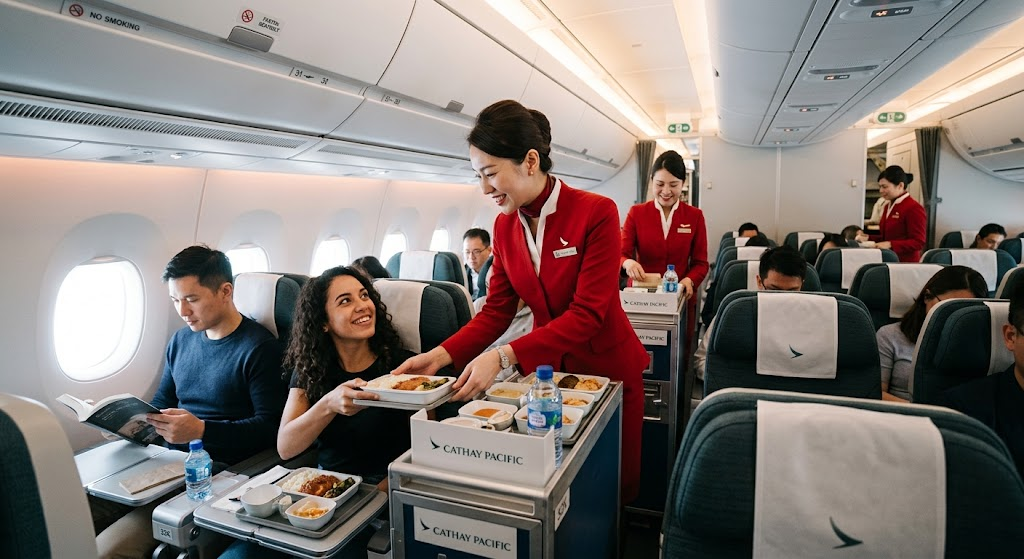 Cathay Pacific cabin crew serving passengers on board