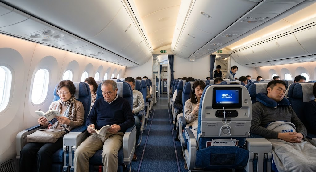 Modern ANA All Nippon Airways aircraft cabin interior
