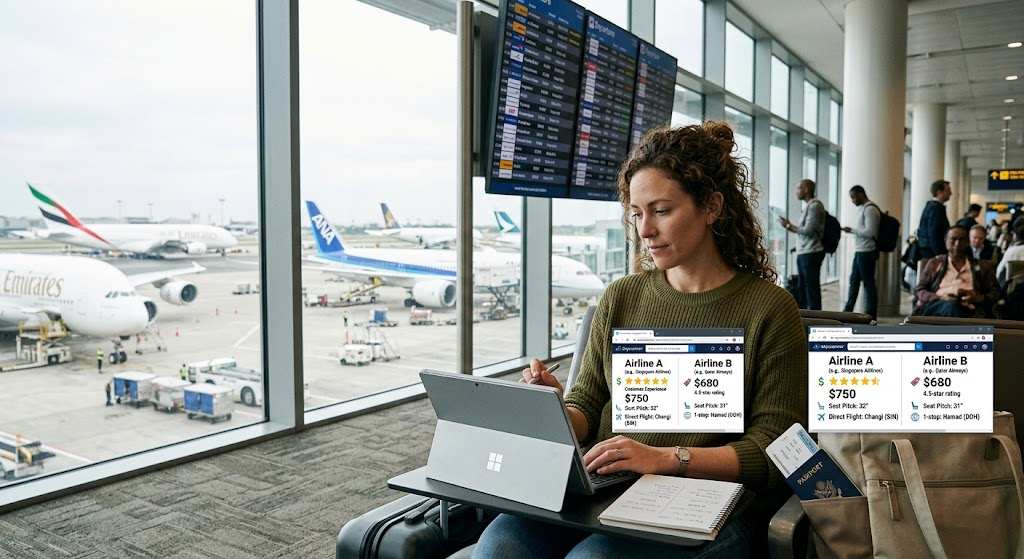Traveler comparing airline prices, destinations and services at an airport