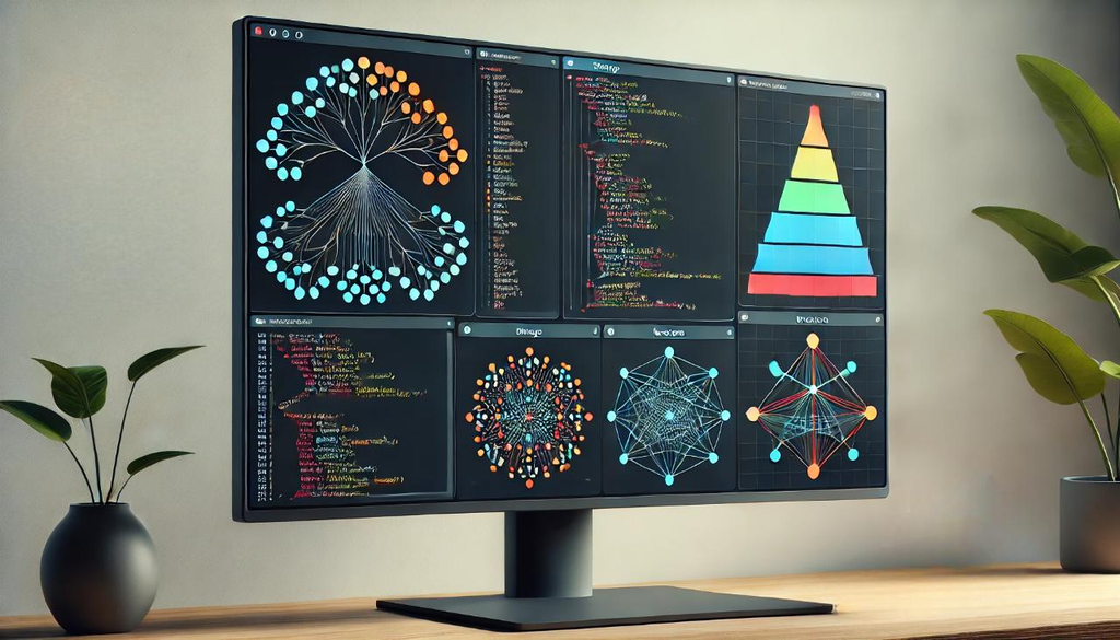 Graph theory network and binary tree data structures used in computer science.