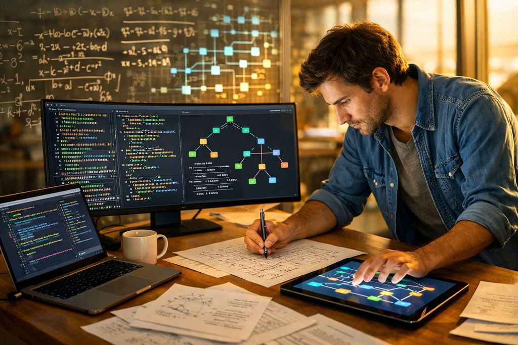 Software developer analyzing algorithms and mathematical logic for computational problem-solving.