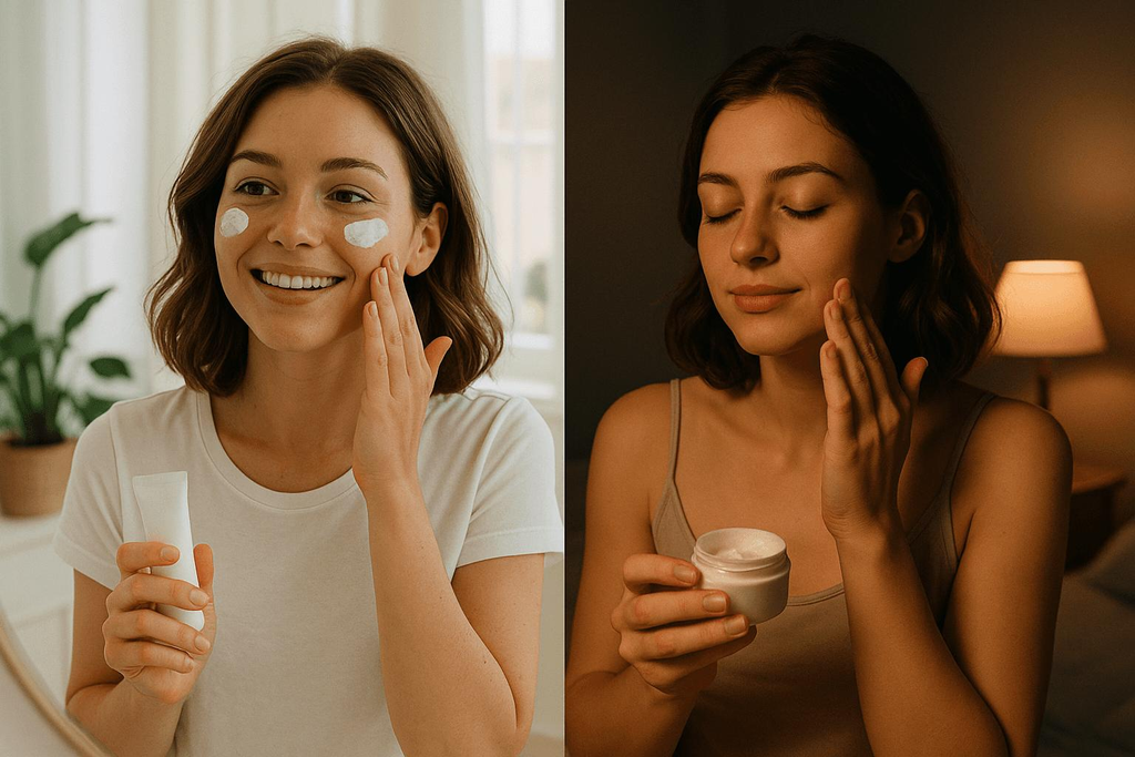 Morning and evening skincare routines showing cleansing, moisturizing, and daytime sunscreen application.