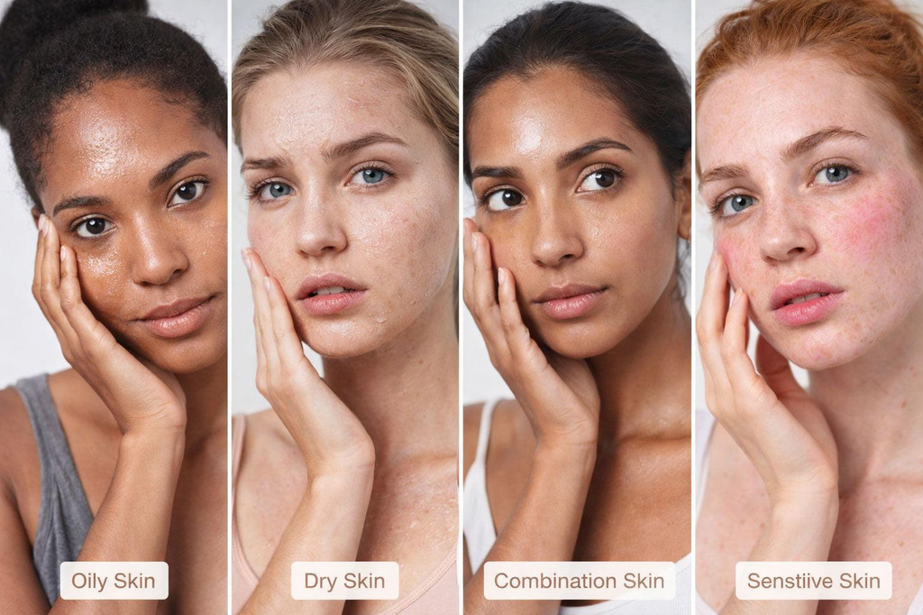 Four examples of oily, dry, combination, and sensitive skin showing their common characteristics.