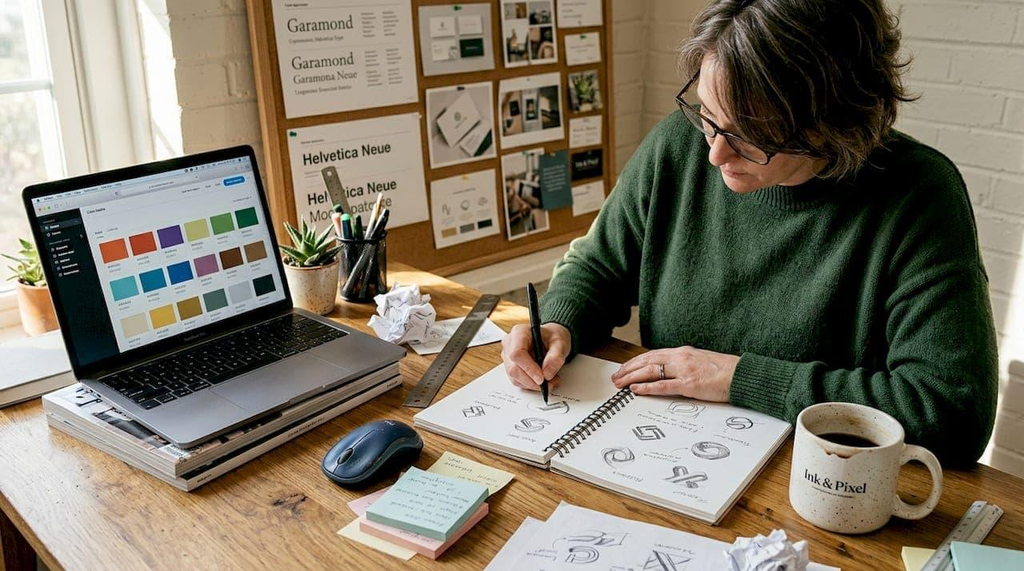 Branding Trends in 2026: 15 Strategies to Build a Memorable Brand and Stand Out From Competitors 2 Brand identity design workspace with logo sketches, color palettes, and typography samples