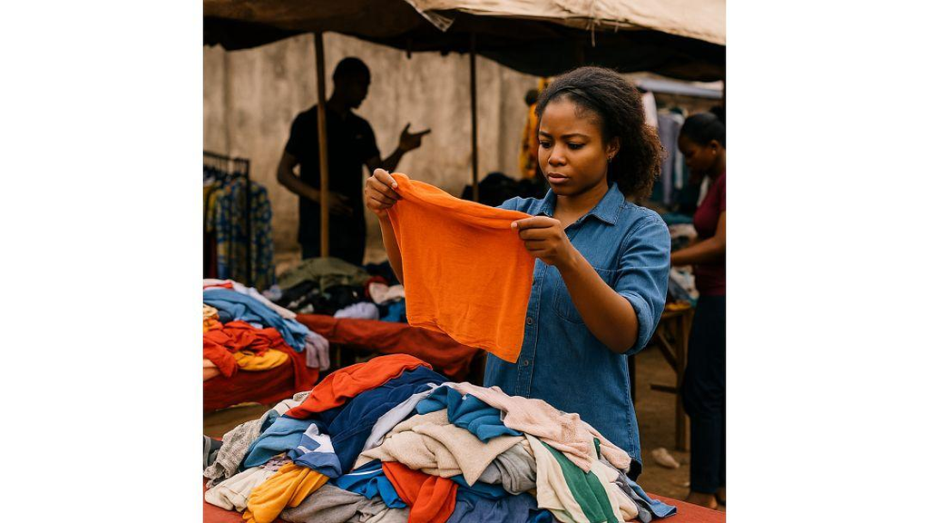 Nigerian thrift clothing seller displaying affordable second-hand clothes in a small shop