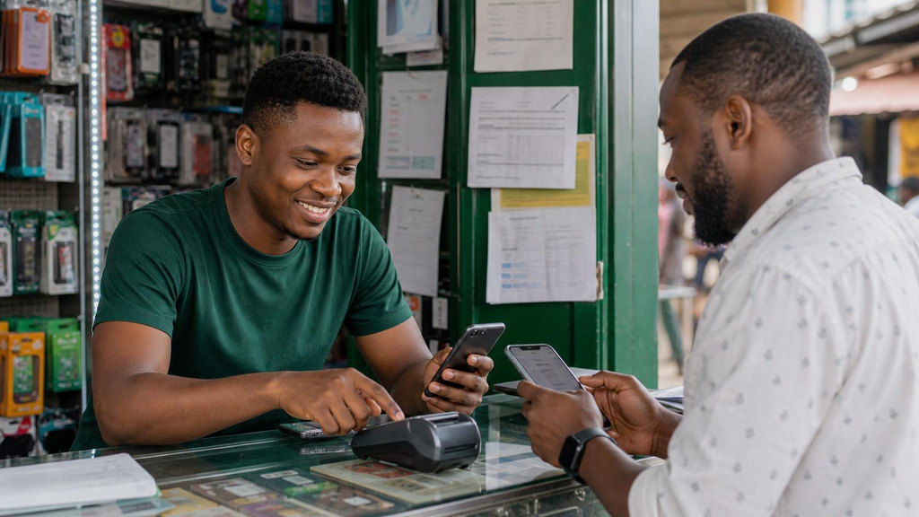 POS agent processing a customer transaction at a Nigerian neighborhood kiosk