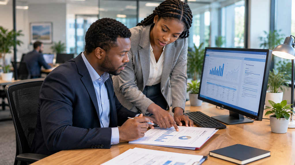 How Businesses Can Use Artificial Intelligence to Improve Productivity 3 Business professionals reviewing an AI-generated report to verify information before making decisions