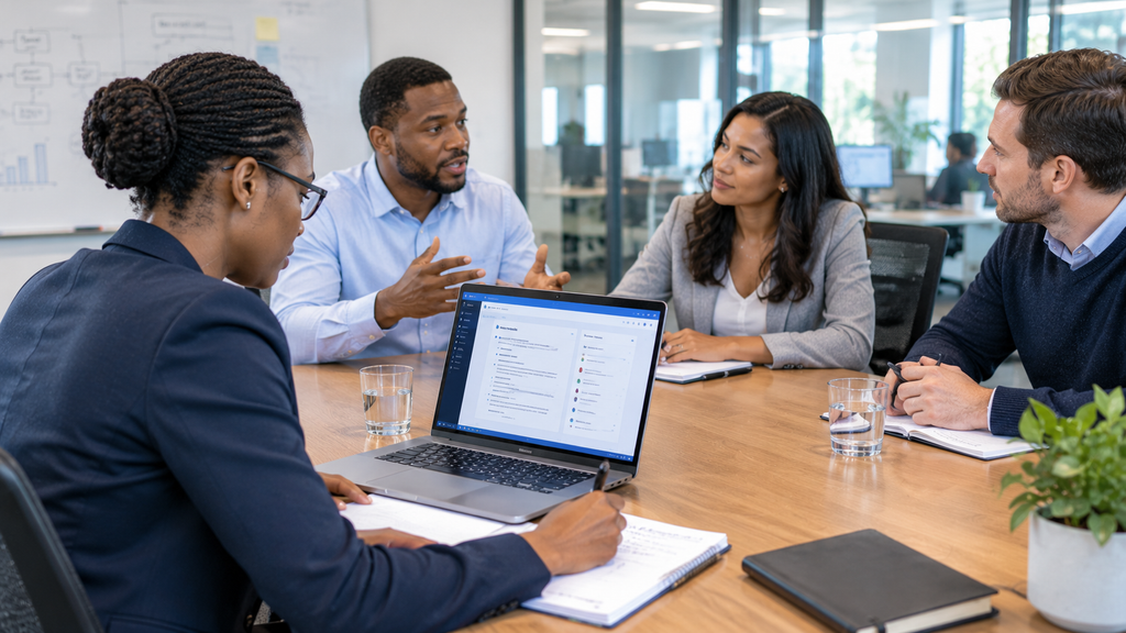 How Businesses Can Use Artificial Intelligence to Improve Productivity 2 Business team using an AI-assisted laptop to organize meeting notes and action items