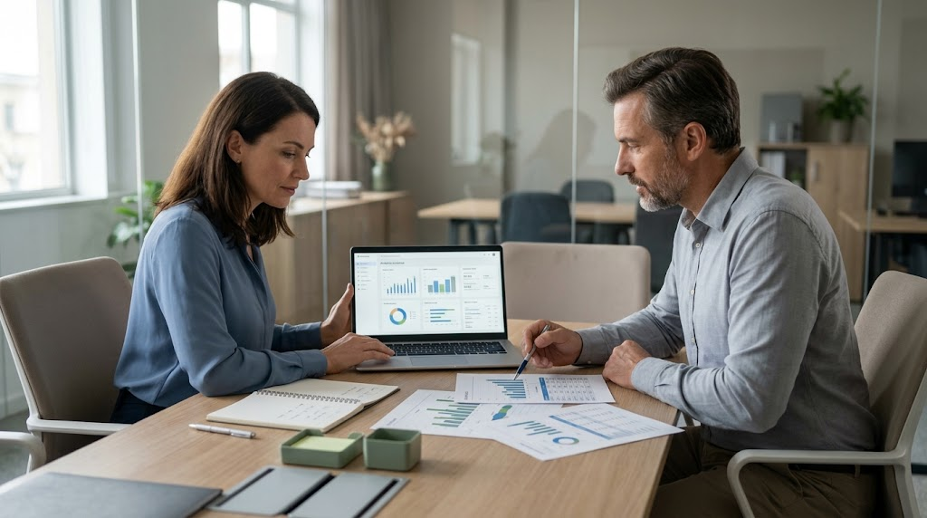 Business professionals checking AI-generated information against human judgment and supporting evidence.