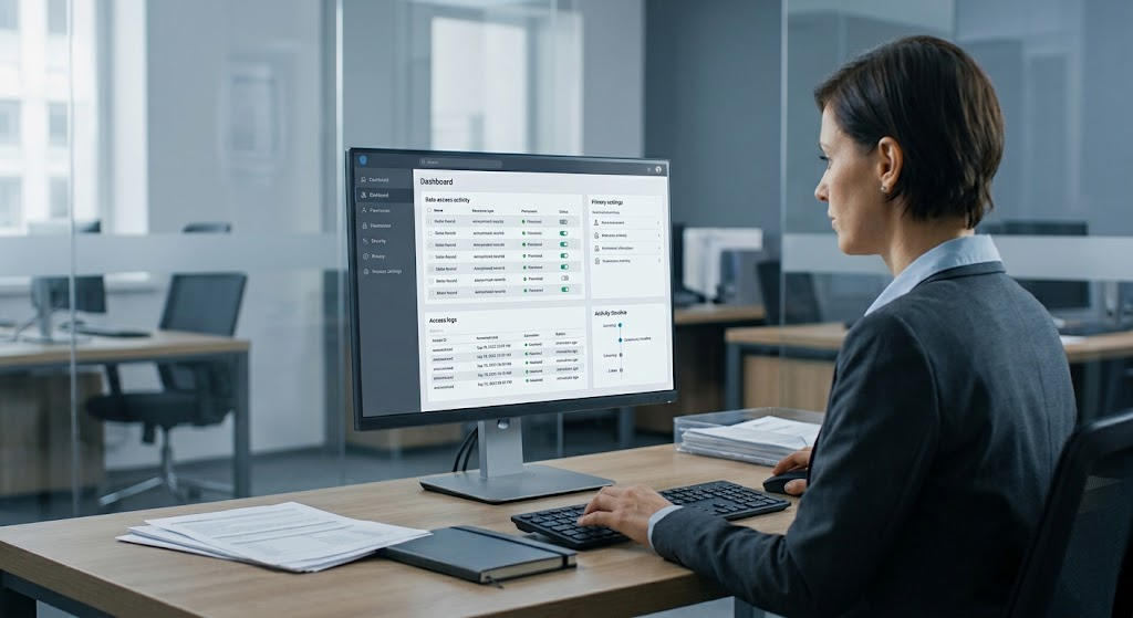 Cybersecurity specialist reviewing AI privacy controls and anonymized data records on a computer.