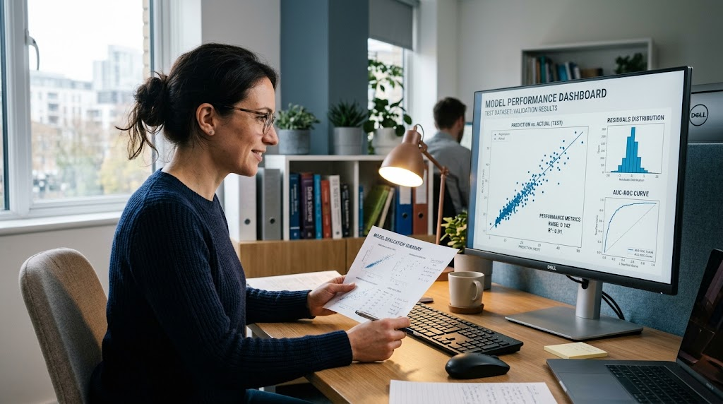 Data scientist checking machine learning predictions against testing data on a computer monitor.