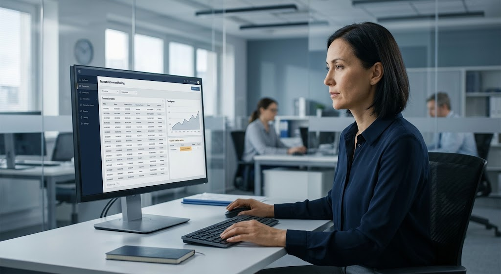 Financial analyst reviewing machine learning predictions on a fraud detection dashboard.