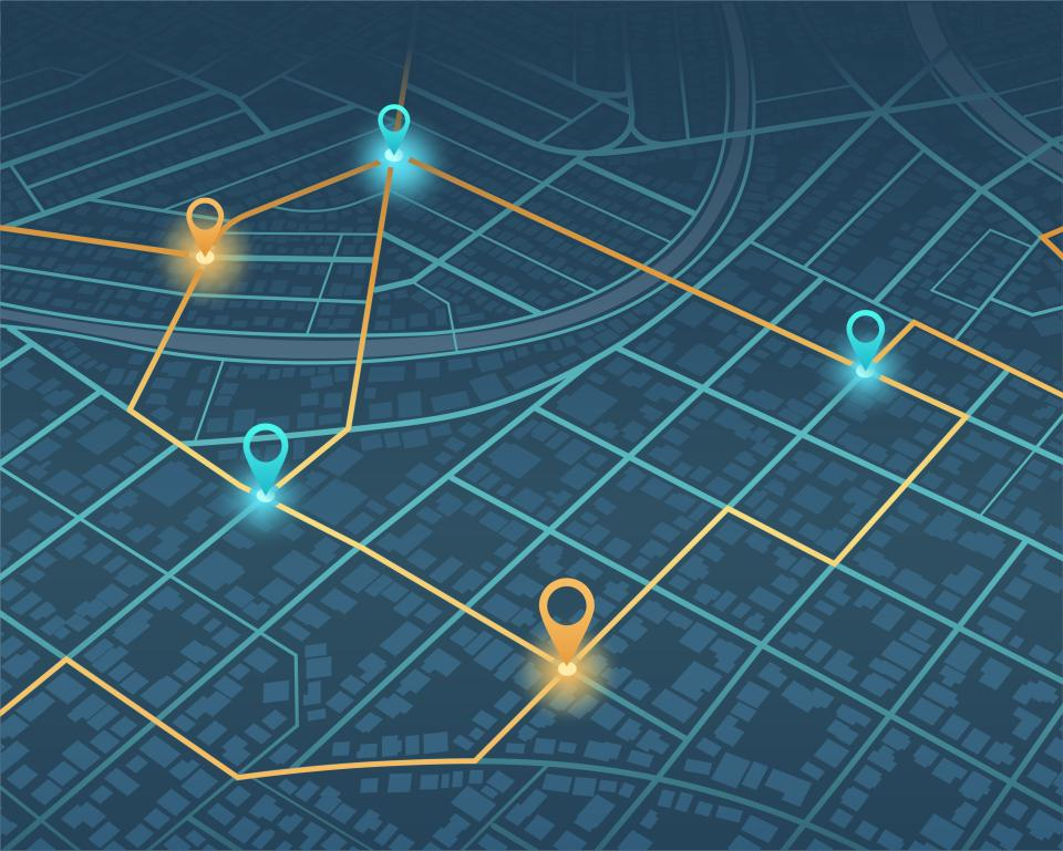 City road network illustrating graph theory in route planning and transportation.