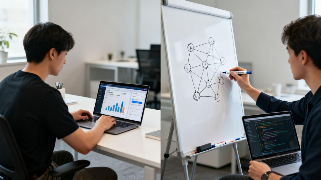 Computer science student analyzing a network graph and mathematical counting problems on a laptop.