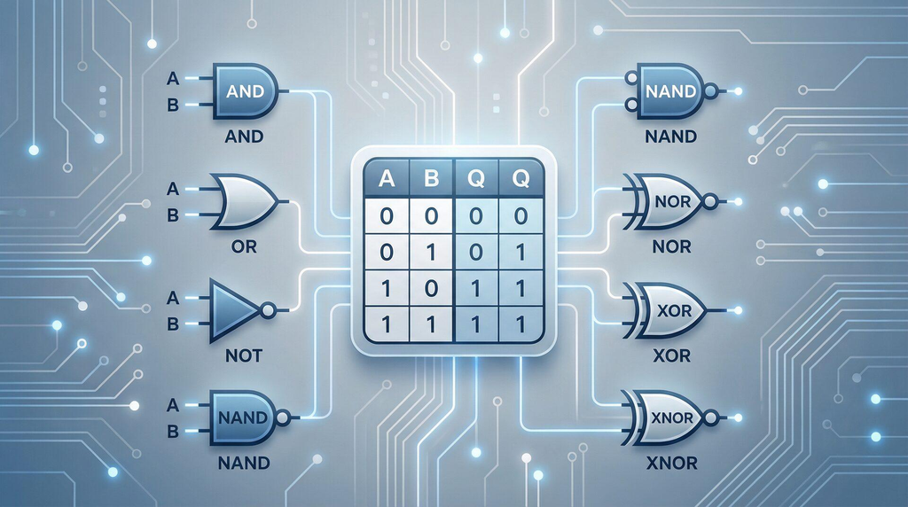 AND, OR, NOT, NAND, and NOR logic gates used in Boolean algebra.