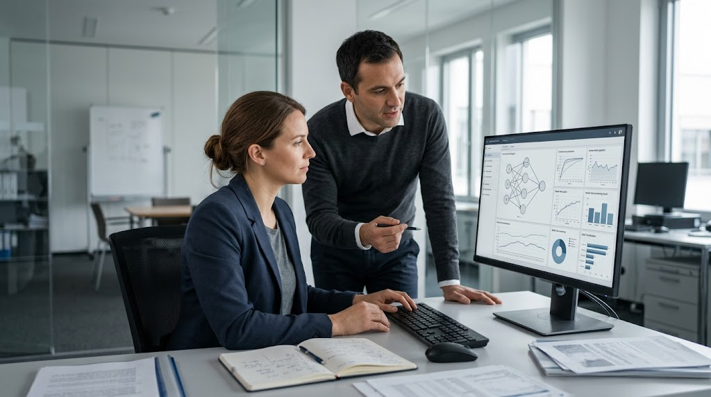 AI researchers reviewing system outputs to support human oversight, alignment, and responsible AI development.