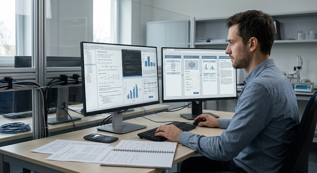 AI researcher examining scientific data and model evaluations to study autonomous learning and reasoning.