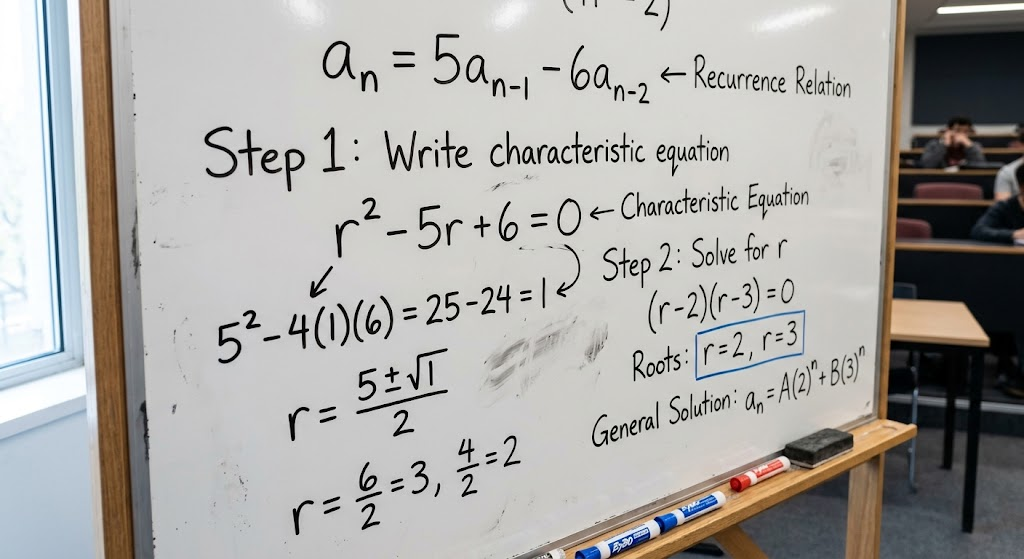 Solving a second-order linear recurrence relation using a characteristic equation and its roots.