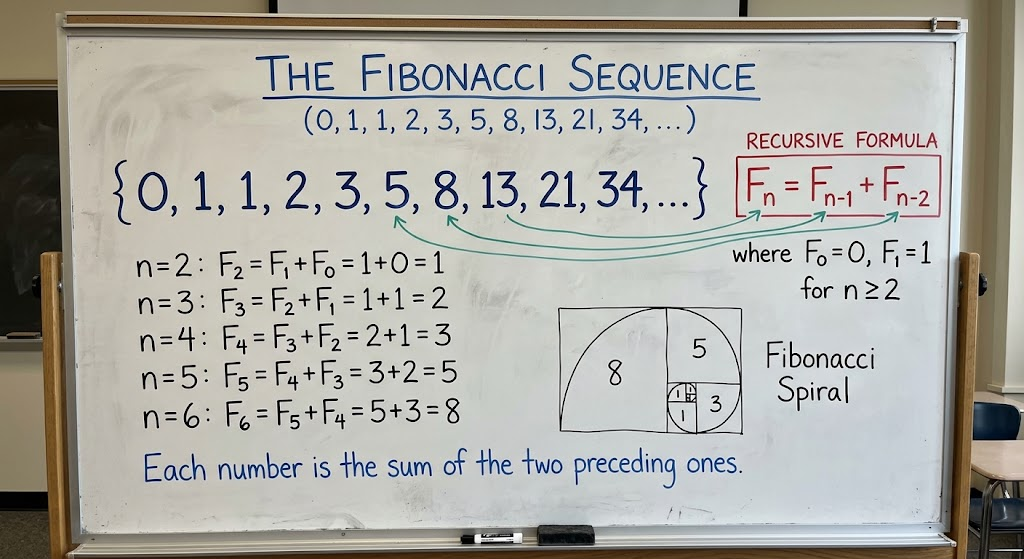 Fibonacci sequence showing how each number is the sum of the two preceding numbers.