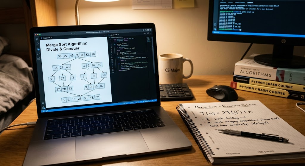 Merge sort algorithm illustrating how recurrence relations describe the time complexity of recursive algorithms.