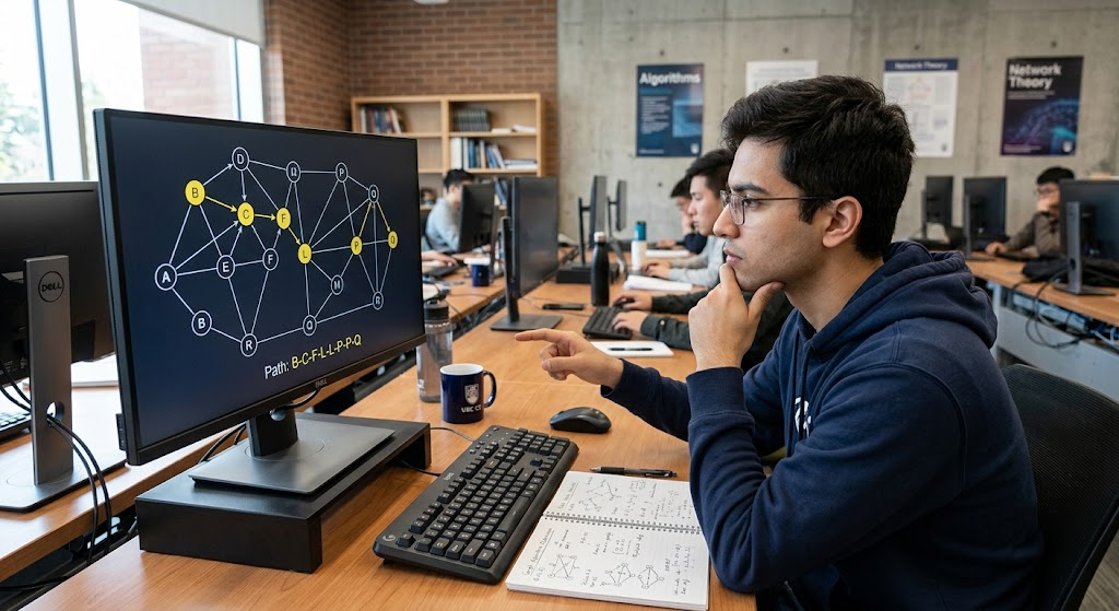 Graph theory diagram showing connected nodes and paths used in computer algorithms