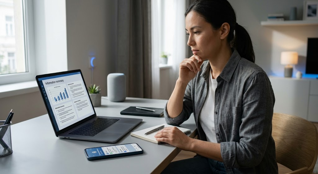 Person reviewing AI-generated information and using human judgment in everyday technology
