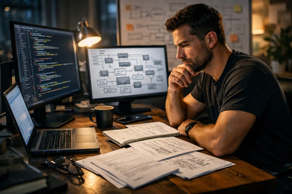 Software engineer using troubleshooting documentation to resolve software issues.