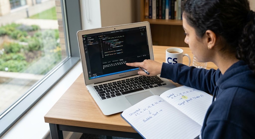 Laptop demonstrating sorting numbers and searching for a target value in a computer science exercise.