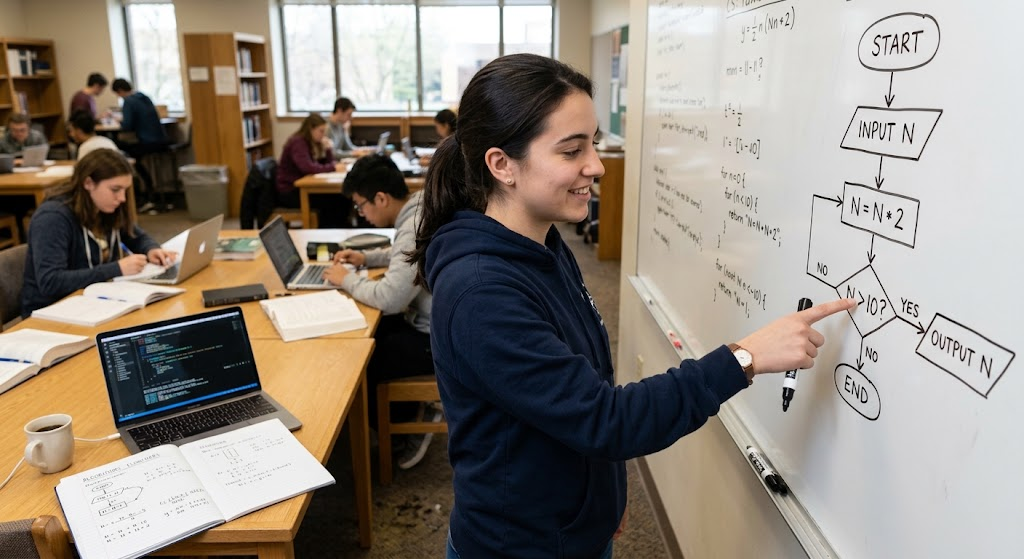 Student explaining an algorithm flowchart showing input, processing, decisions, and output.