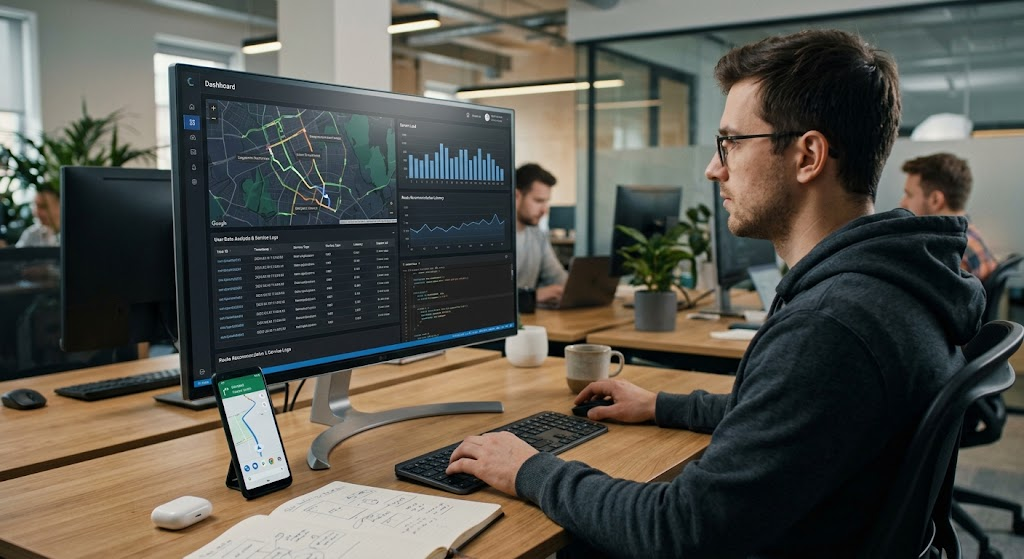 Software developer reviewing data dashboards and a navigation map to demonstrate real-world uses of algorithms.