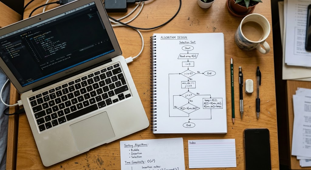 Types of Algorithms in Computer Science and How They Work 4 A student’s notebook showing an algorithm flowchart with process and decision steps.