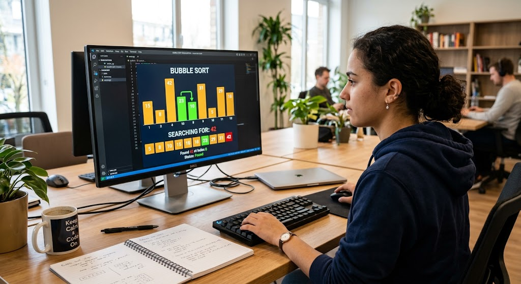Types of Algorithms in Computer Science and How They Work 3 A computer screen displaying visual examples of sorting and searching algorithms.