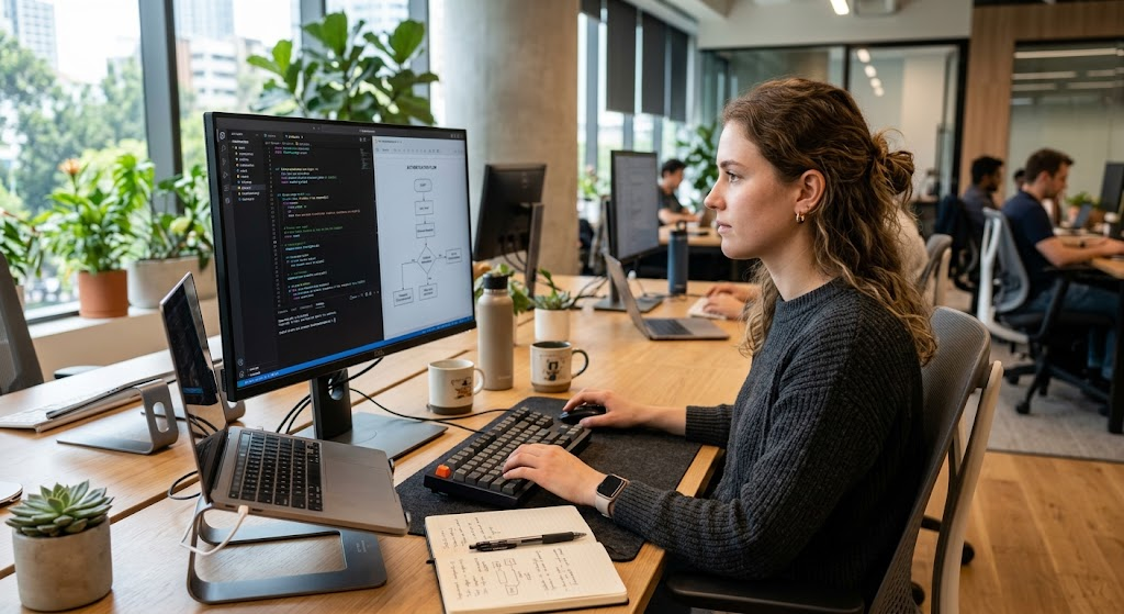 Types of Algorithms in Computer Science and How They Work 2 A software developer writing and testing computer algorithms on a monitor.