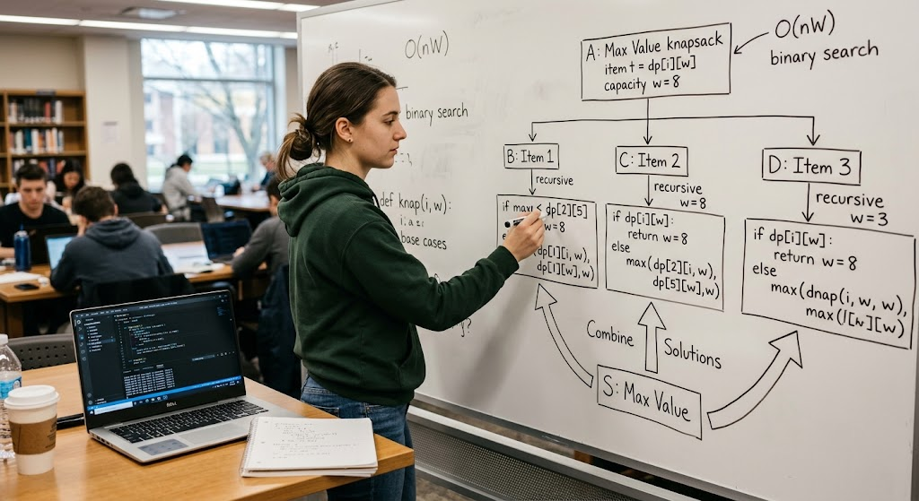 Computer science student illustrating the divide and conquer algorithm technique on a whiteboard