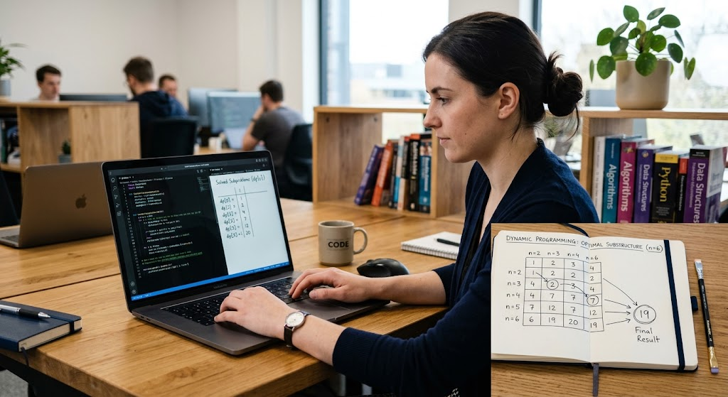 Programmer studying a table of stored calculations to understand dynamic programming