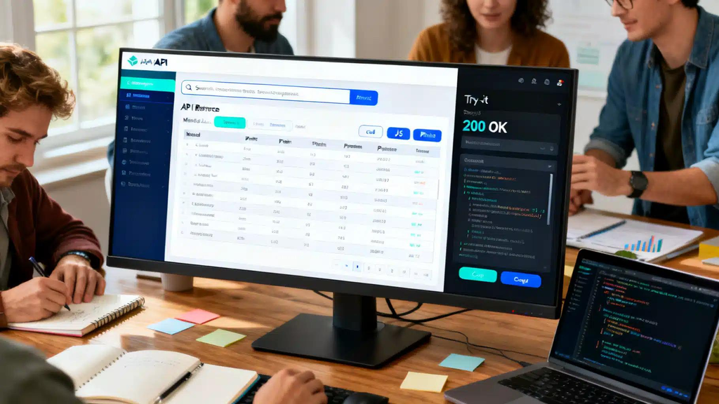 Developer creating API documentation with endpoint details and code examples.