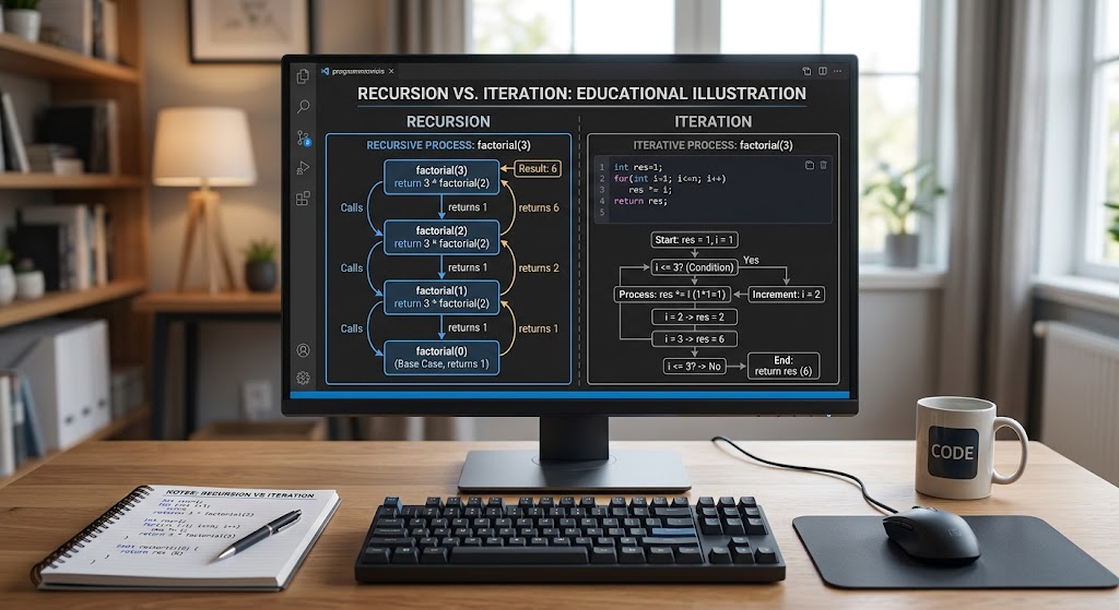 Recursion and Iteration in Algorithms: Differences, Examples, and Uses 2 Recursion vs iteration flowchart showing recursive function calls and iterative loops in programming.