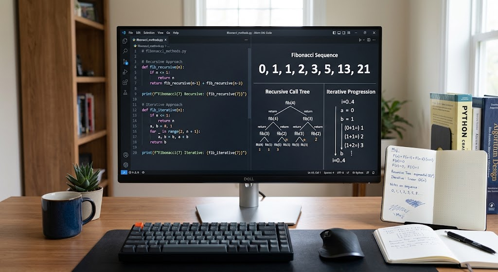 Recursion and Iteration in Algorithms: Differences, Examples, and Uses 3 Fibonacci sequence comparison showing recursive function calls and iterative calculations in Python.