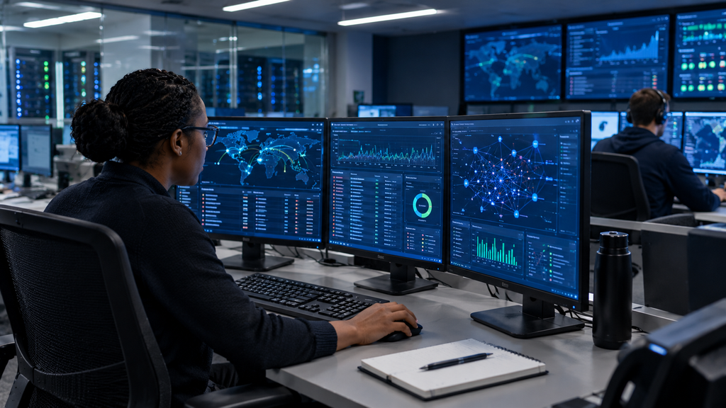 Cybersecurity analysts monitoring network alerts and digital threats in a security operations center.