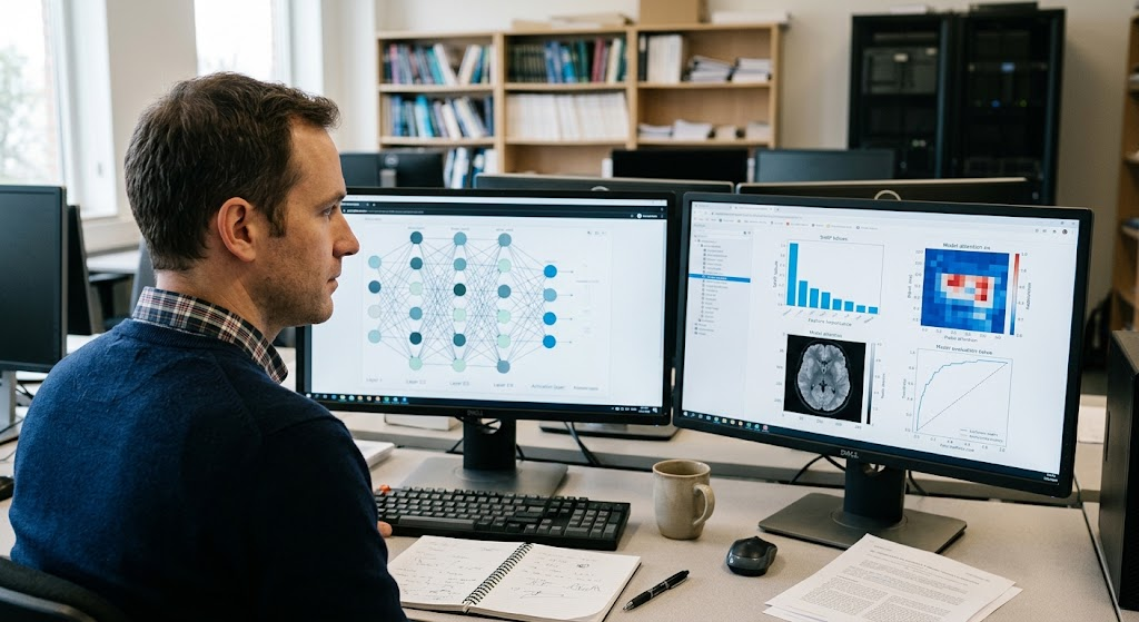 AI researcher examining model interpretability charts and neural network visualizations on computer monitors.