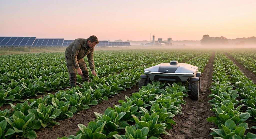 Precision agriculture supported by advanced AI showing potential benefits of artificial superintelligence for climate-resilient farming