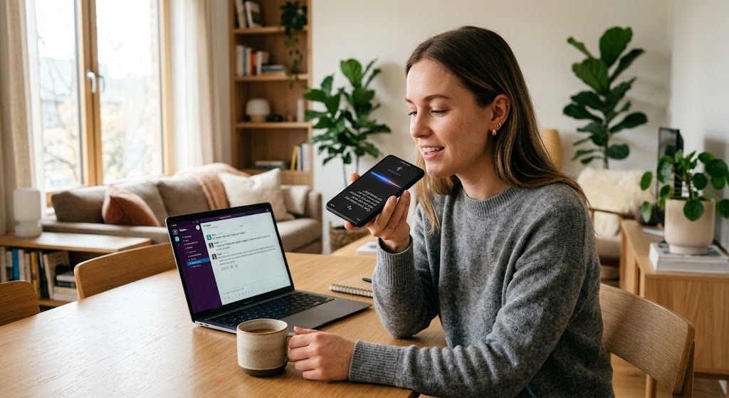 A person uses a smartphone voice assistant powered by natural language processing technology.